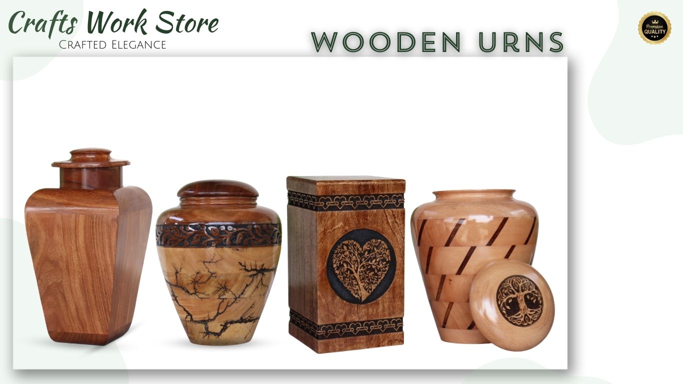 A variety of cremation urns for ashes, including wooden urns, metal urns, and urns for human and pet ashes.