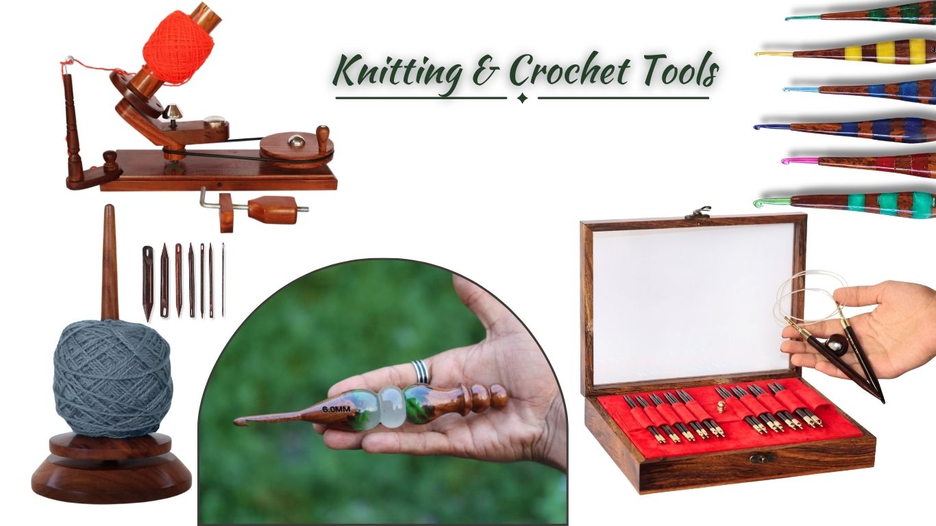 A collection of premium knitting accessories and crochet tools, including wooden crochet hooks and interchangeable circular knitting needles set, yarn winder.